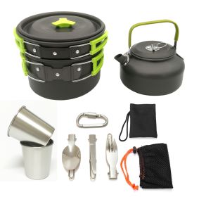 Outdoor Jacketed Kettle 2-3 Person Camping Teapot Tableware Suit (Color: green)