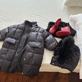 Solid Color Fur Collar Down Jacket Baby Long Section (Option: Black-110cm)