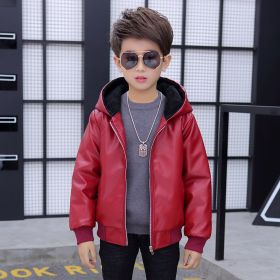 PU Leather Jacket Children's Wear Hooded Padded Coat (Option: Wine Red-110cm)