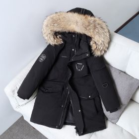 Children's Down Jacket Boys' Mid-length Thickening Plus Size Fur Collar Coat (Option: Black Primary Color Wool-130cm)