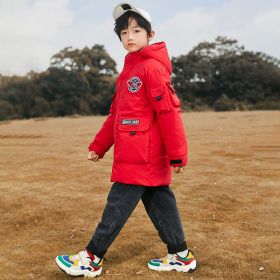 Fashion Solid Color Boys Mid-length Down Jacket (Option: Red-130cm)