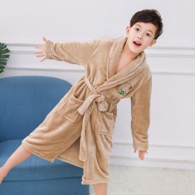 Children's Nightgown Boy's Bathrobe Flannel Thickened Coral Fleece Pajamas Home Service (Option: Khaki without cap-120cm)